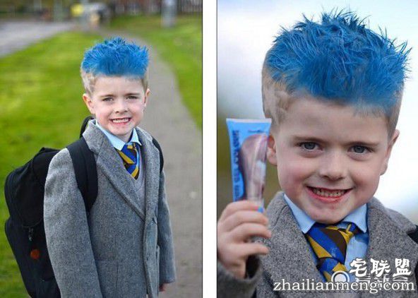 英国5岁小男孩把头发染成蓝色 老师：洗了再来